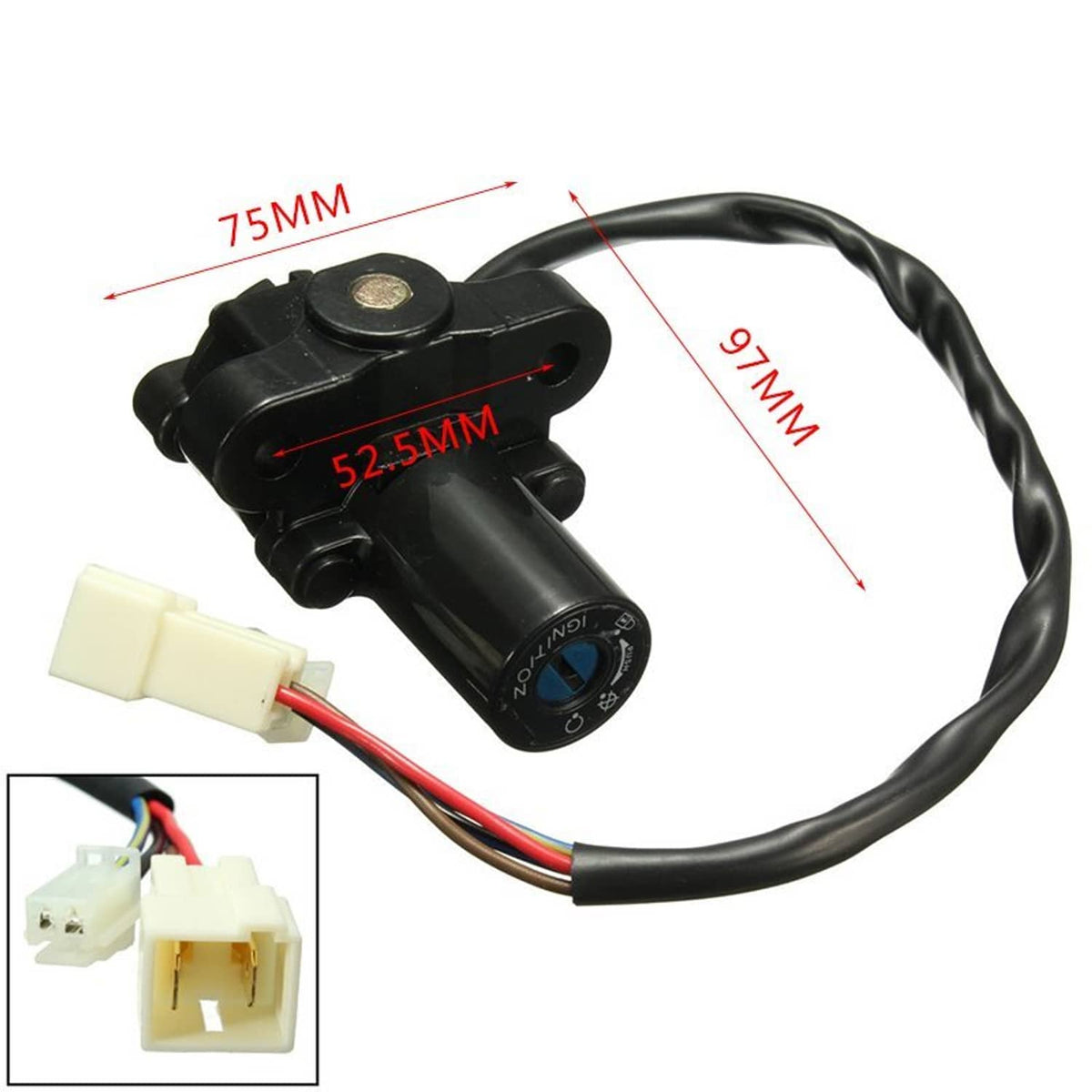 Black ignition switch lock with wire harness and key, size markings