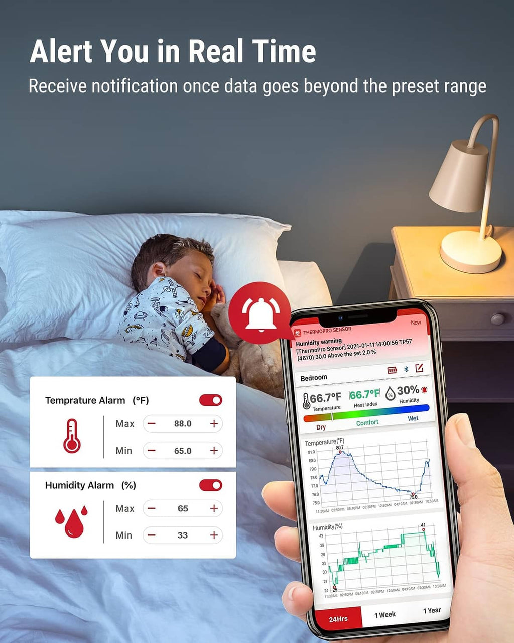 ThermoPro hygrometer sending real-time alert on smartphone app with alarm notifications