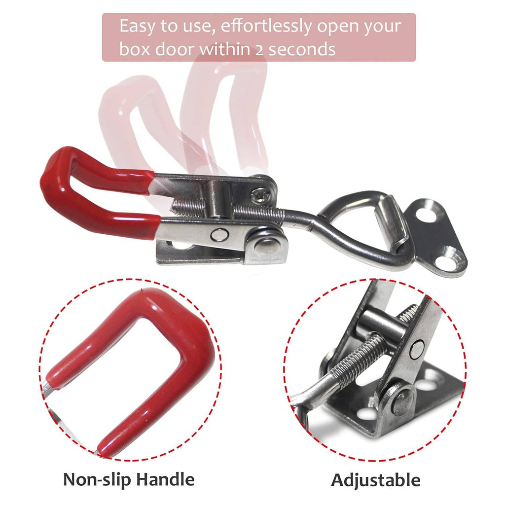 Adjustable stainless steel toggle latch clamp with red non-slip handle and spring mechanism