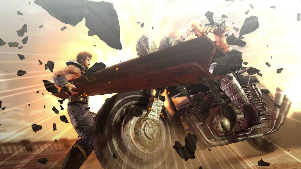 Action gameplay with damaged vehicle spinning as debris flies through sand
