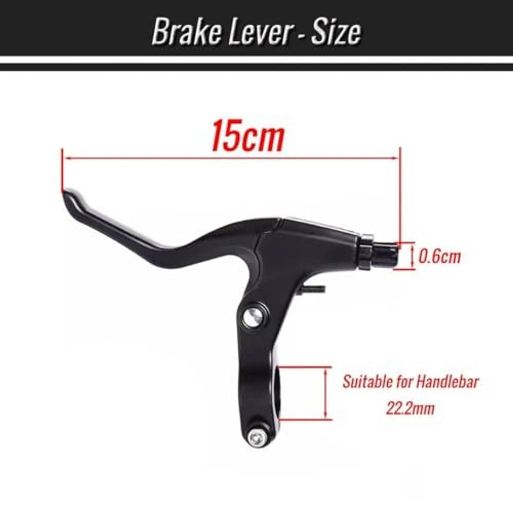 Black three-finger bicycle brake lever with size markings and mounting screw.