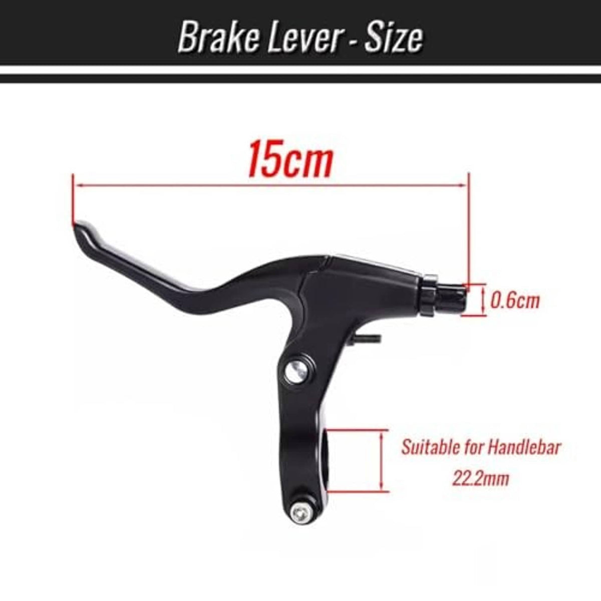 Black three-finger bicycle brake lever with size markings and mounting screw.