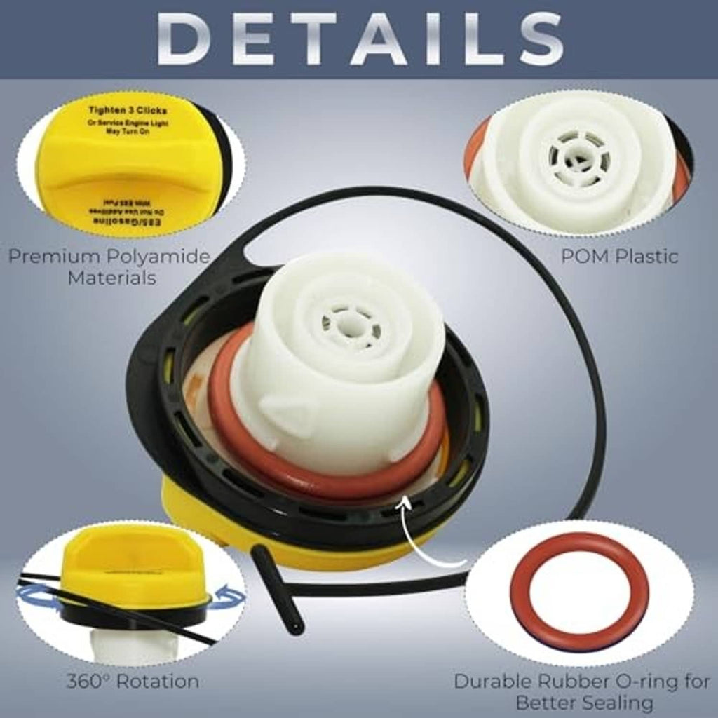 Fuel cap with yellow center insert, black rim, visible seal and O-ring detail