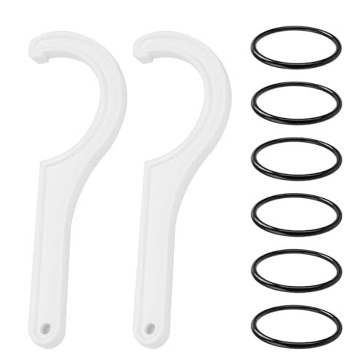 Water filter wrench set: two white half-circle wrenches and six black O-ring seals