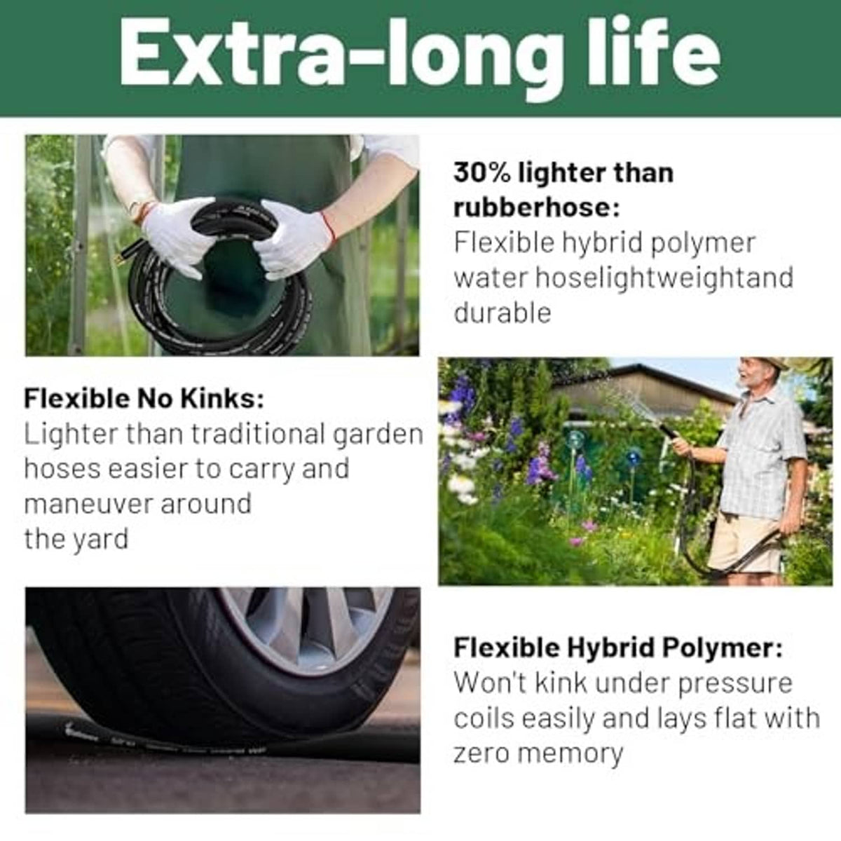Person holding a coiled black garden hose with flexible hybrid polymer construction.