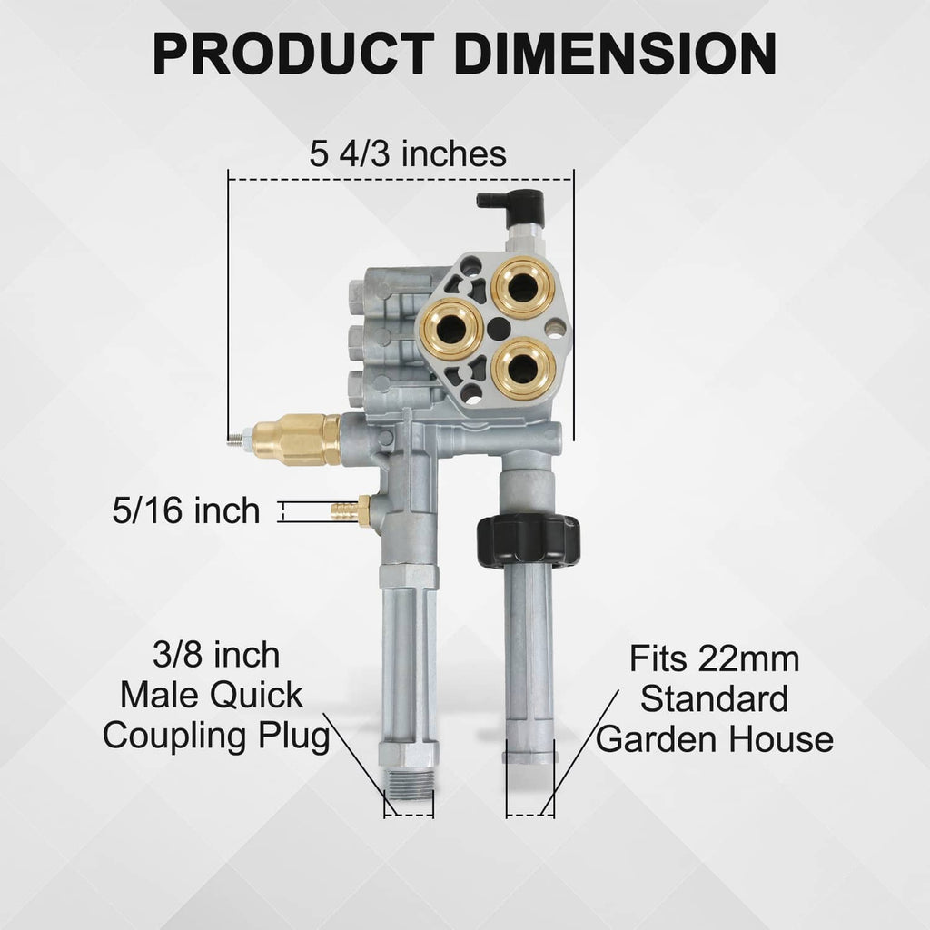 Grey pump head with brass outlets, black quick-coupling plug ports, for 22mm hose