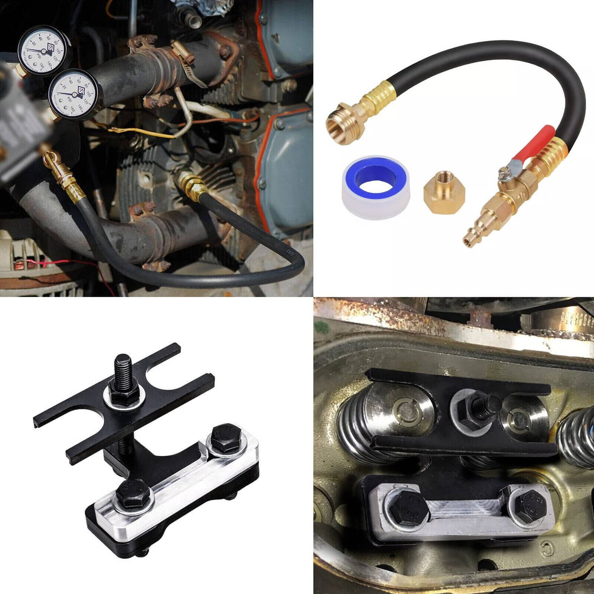 Valve spring compressor tool and air holding hose with brass connectors