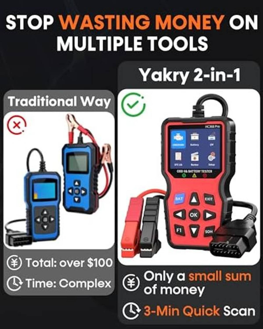 2-in-1 OBD2 scanner and battery tester with display, red/black body and OBD cable