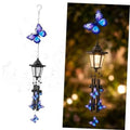 Blue butterfly solar wind chime with black hanging lantern and metal tubes