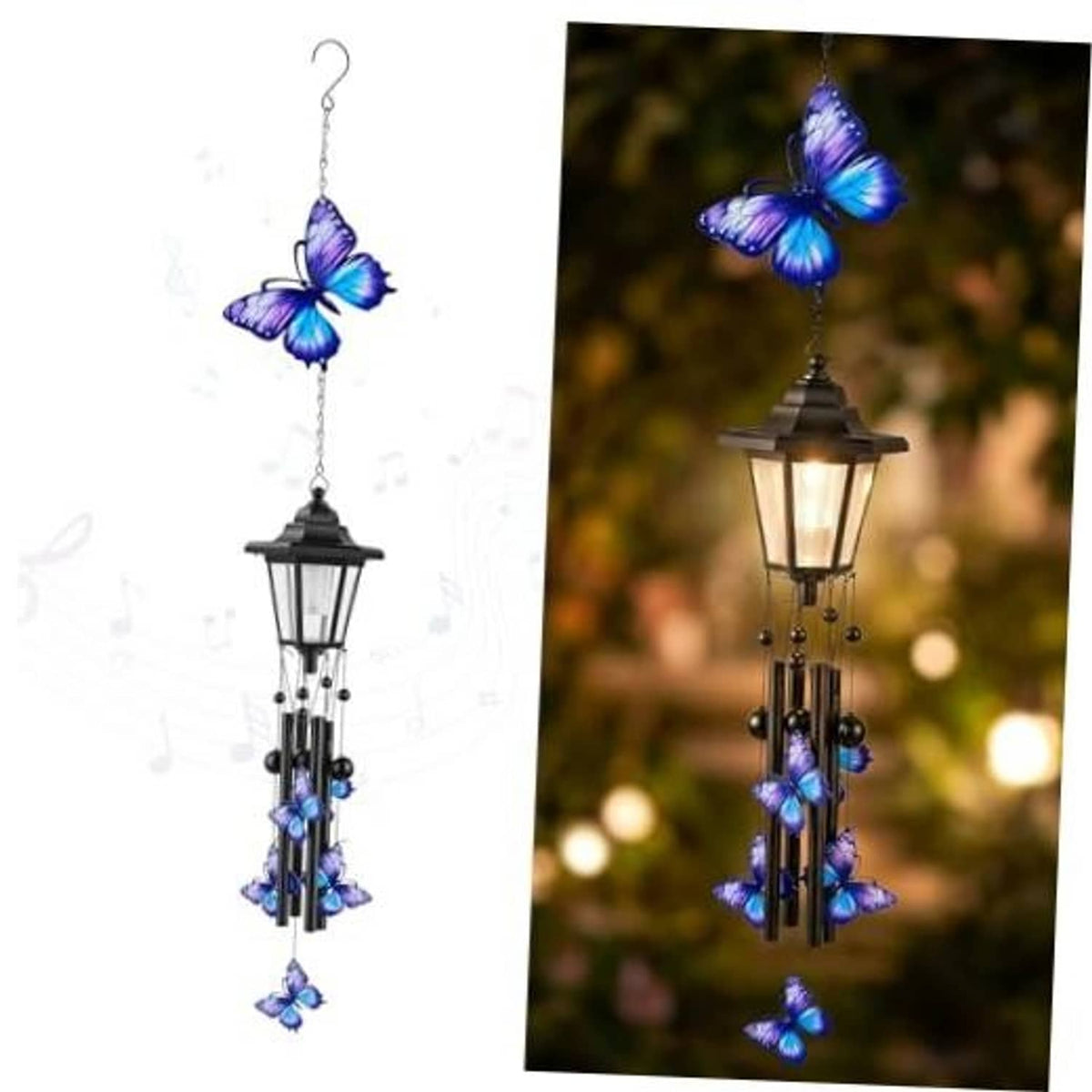 Blue butterfly solar wind chime with black hanging lantern and metal tubes