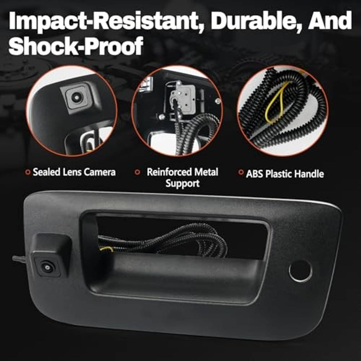 Black tailgate handle backup camera with lens, reinforced points, and connected cable