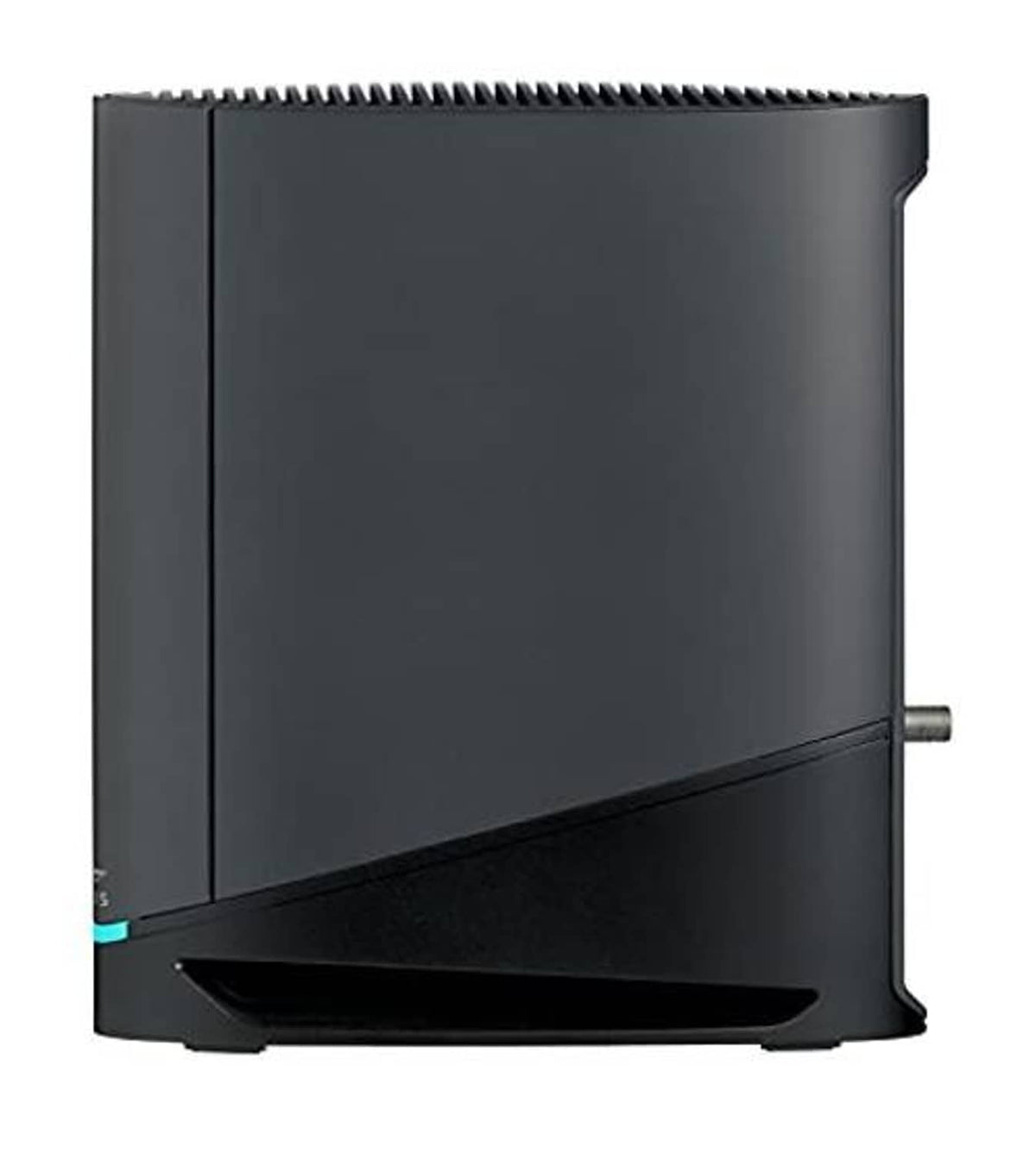 Black modem rear panel with vented top edge and side port opening