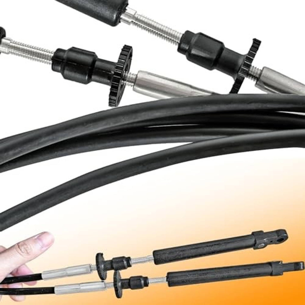 Throttle and shift cable ends with black housings and silver push-pull rods