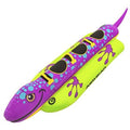 Purple and green 1-3 rider towable tube with cartoon salamander face and grab straps
