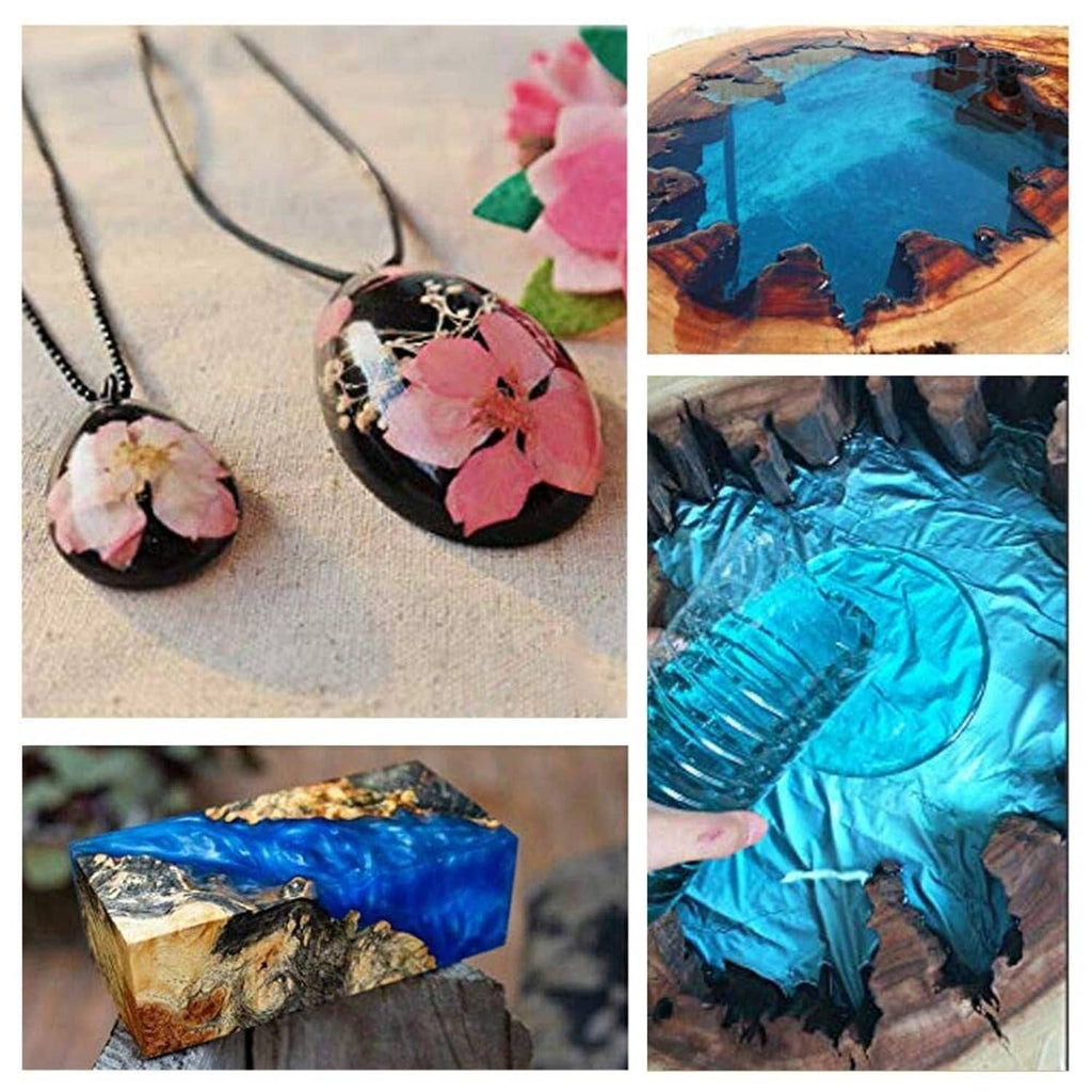 Blue resin pendant and resin casting pieces with embedded decorative colors