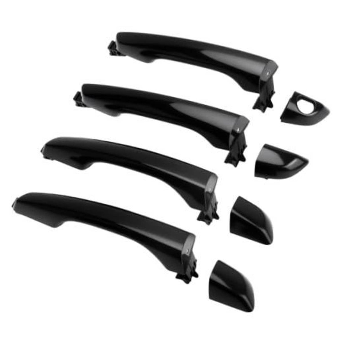 Set of four black exterior door handles with mounting clips and covers
