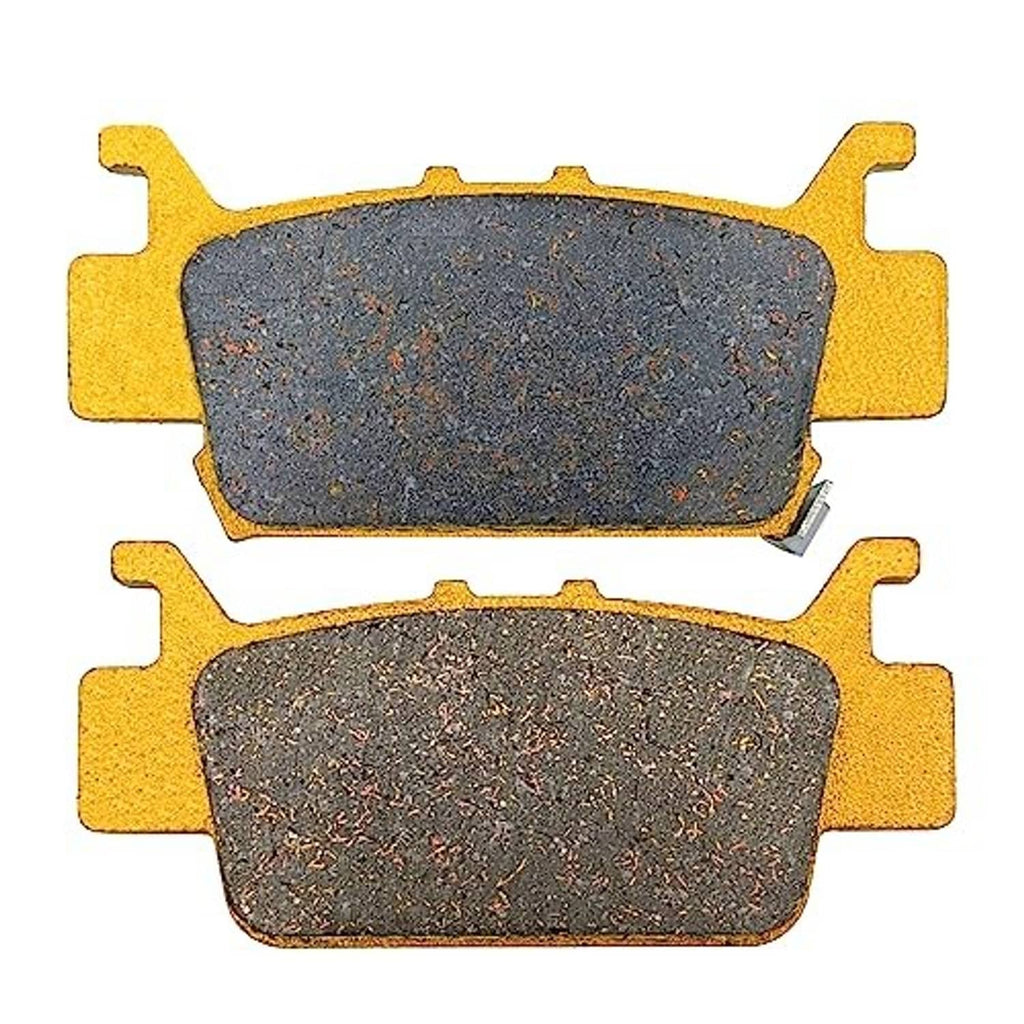 Curved ceramic brake pads with dark gray textured friction faces and gold mounting tabs