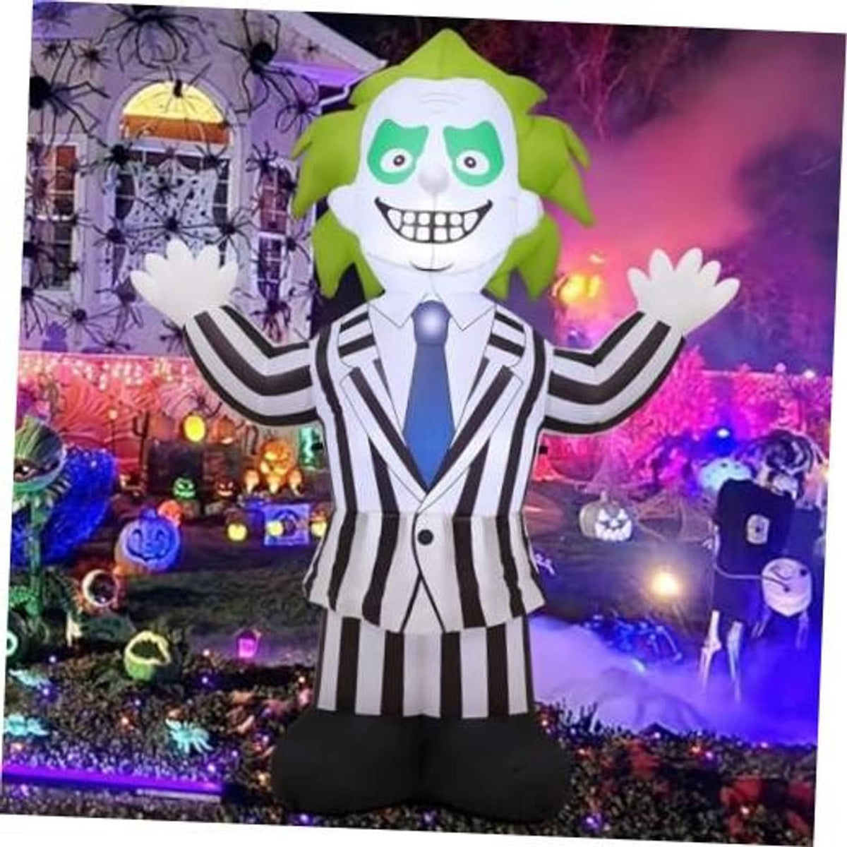 Halloween inflatable weirdo suit, green hair, white face, striped jacket, blue tie, black pants