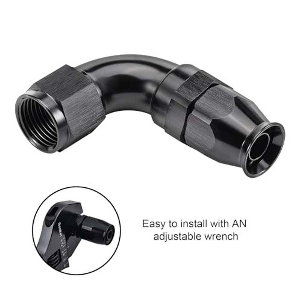 Black 6AN 90-degree elbow hose fitting with hex collars and threaded connection ends