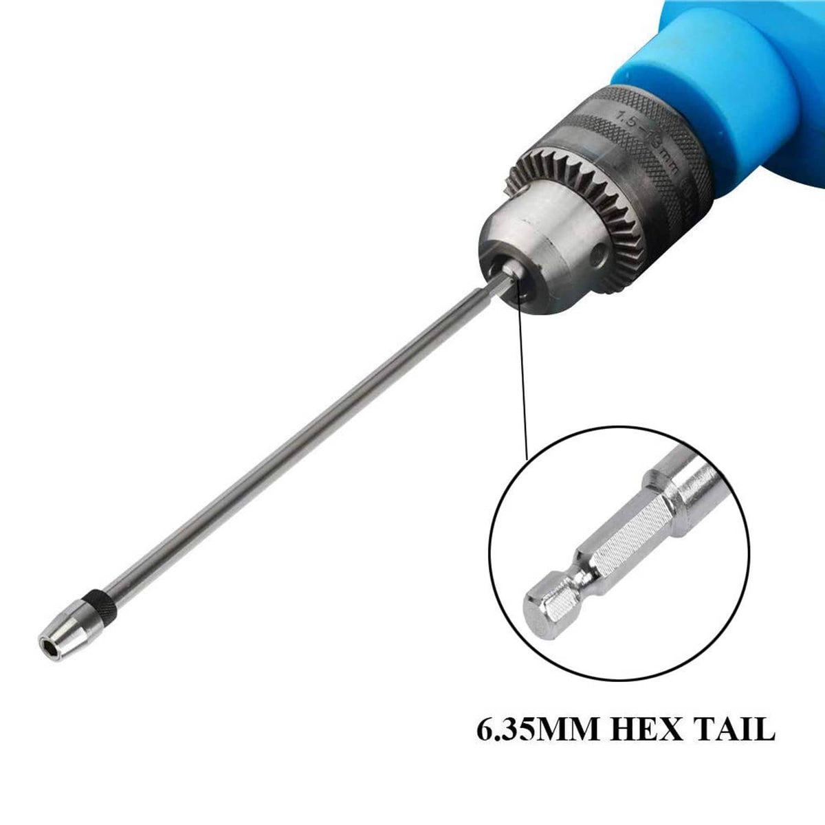 Bit holder extension with 6.35mm hex tail, shown with blue drill chuck attachment