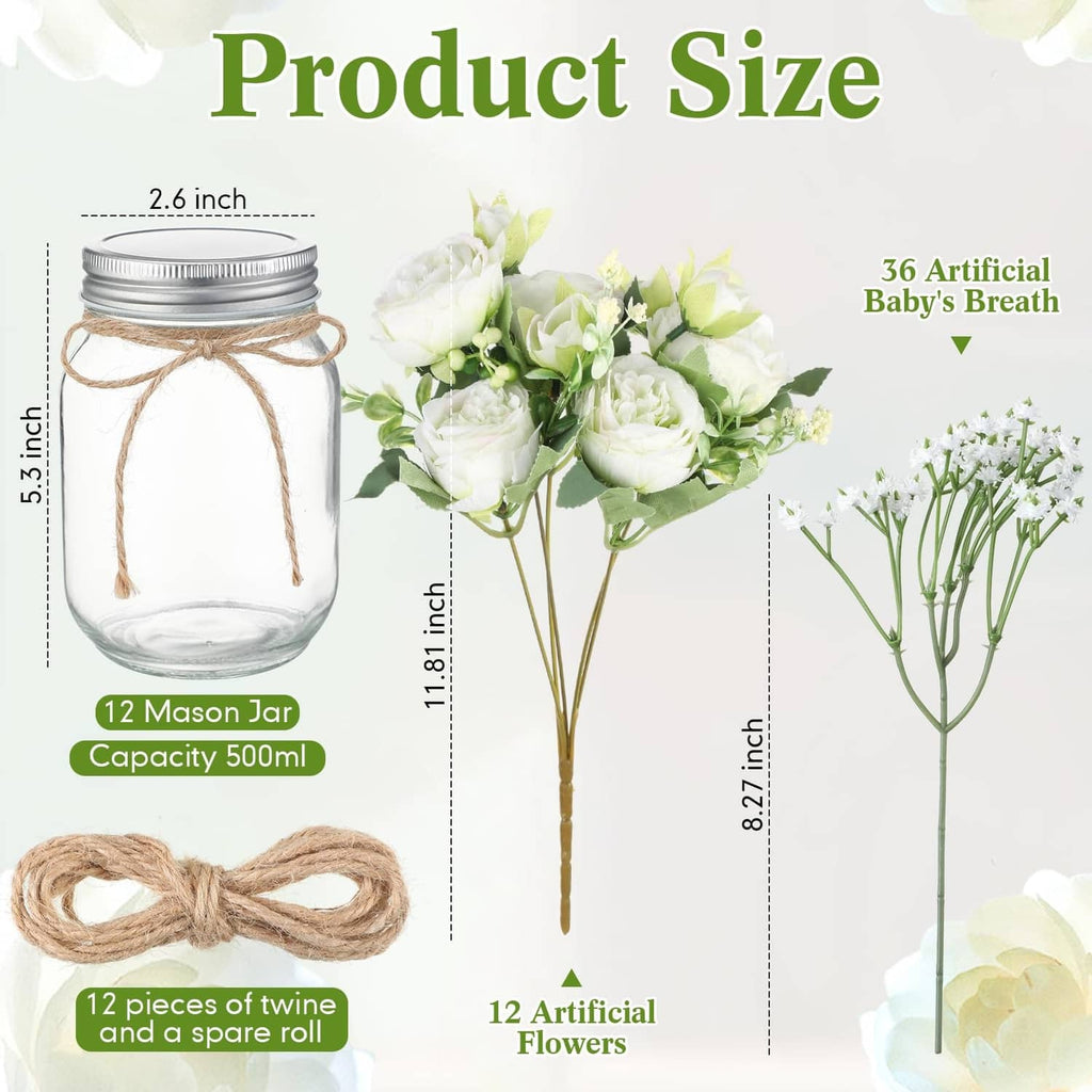 Product size diagram showing 12 mason jars and artificial white rose stems