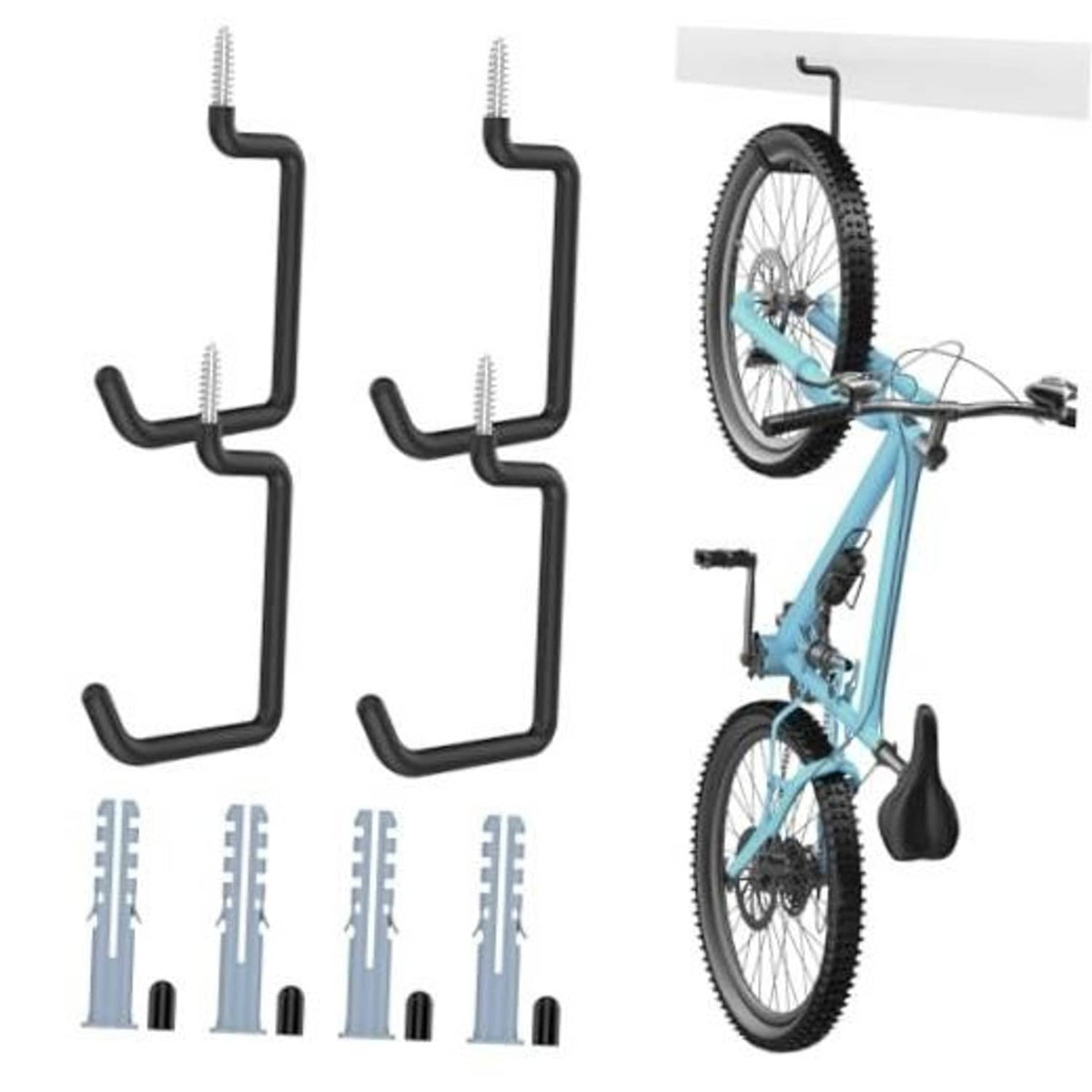 Set of four black U-shaped screw-in bike hooks with mounting screws and guides