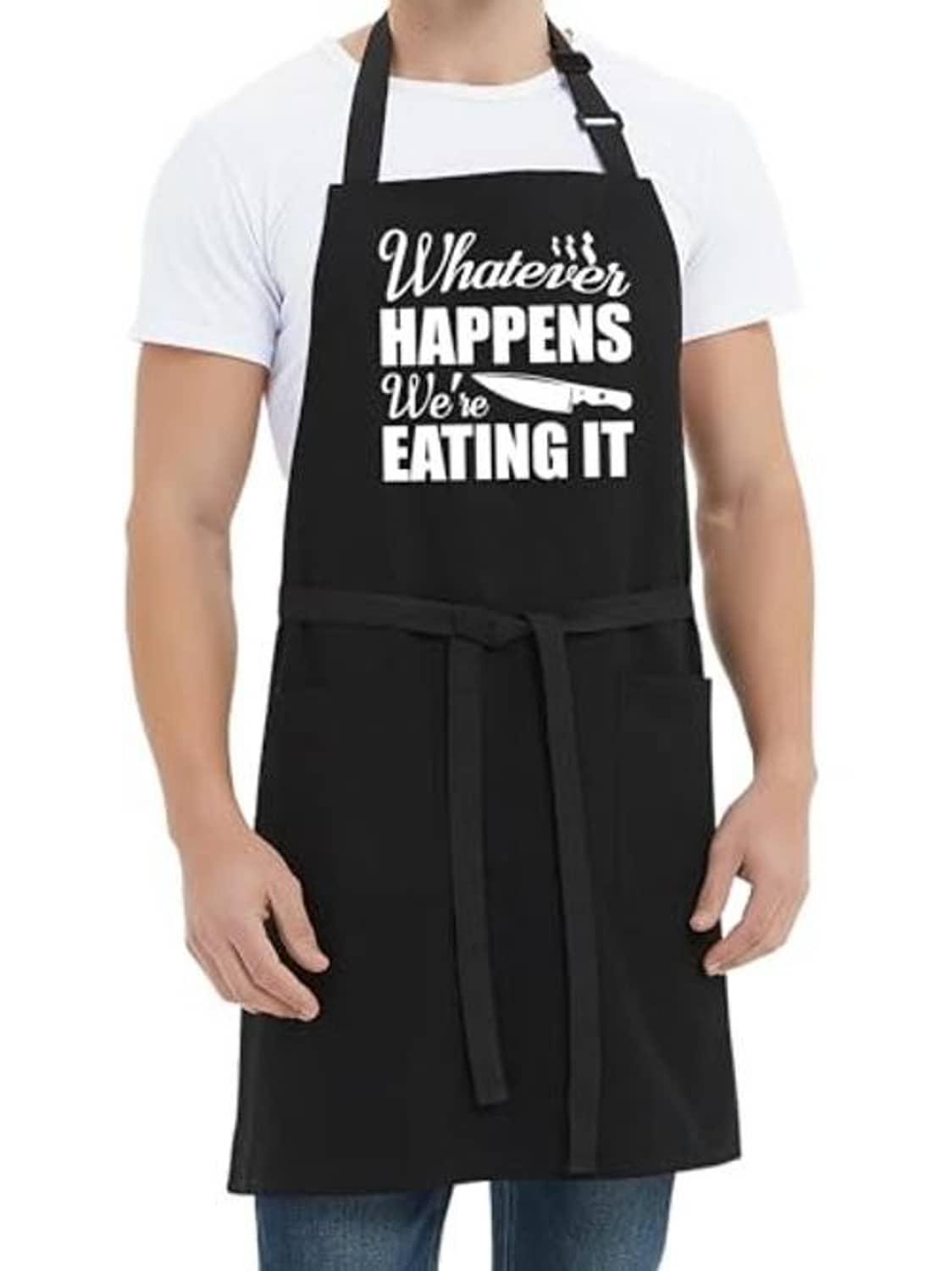 Men's black grill apron with neck strap, waist tie, and 'Whatever happens we're eating it' print