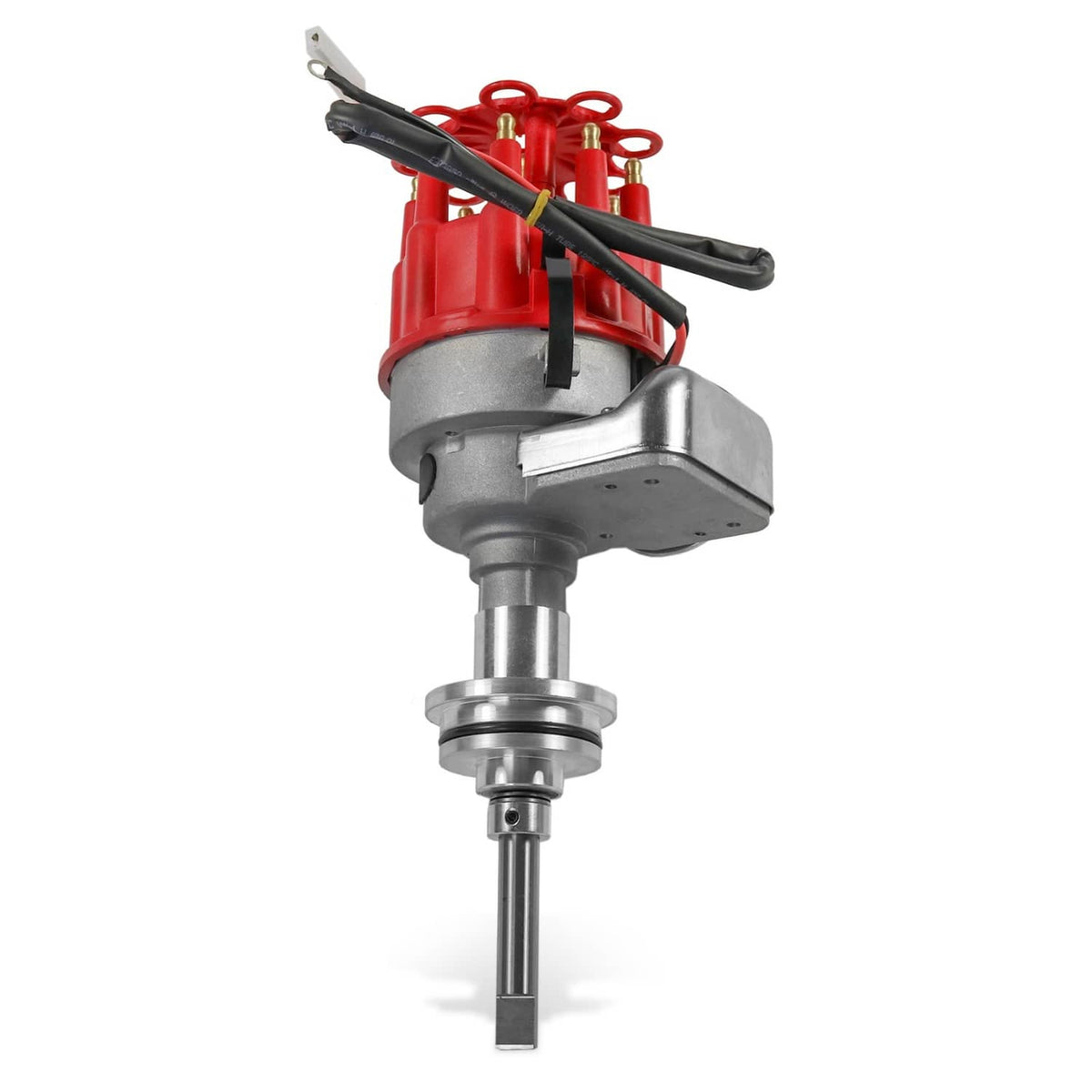 Electronic distributor with red cap, silver housing, and front shaft for small-block engines