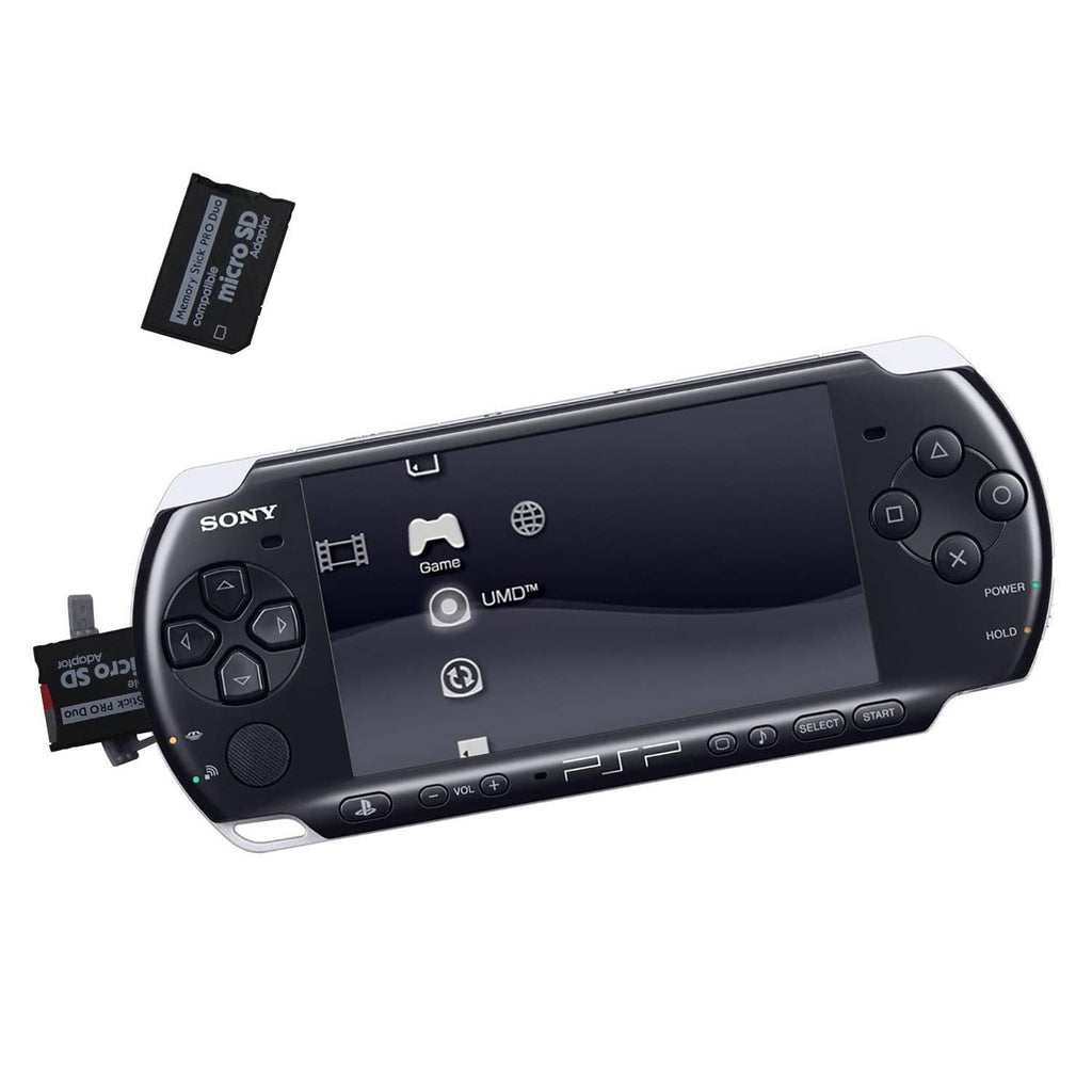 MicroSD to Memory Stick PRO Duo adapter with a dark Sony PSP handheld console.