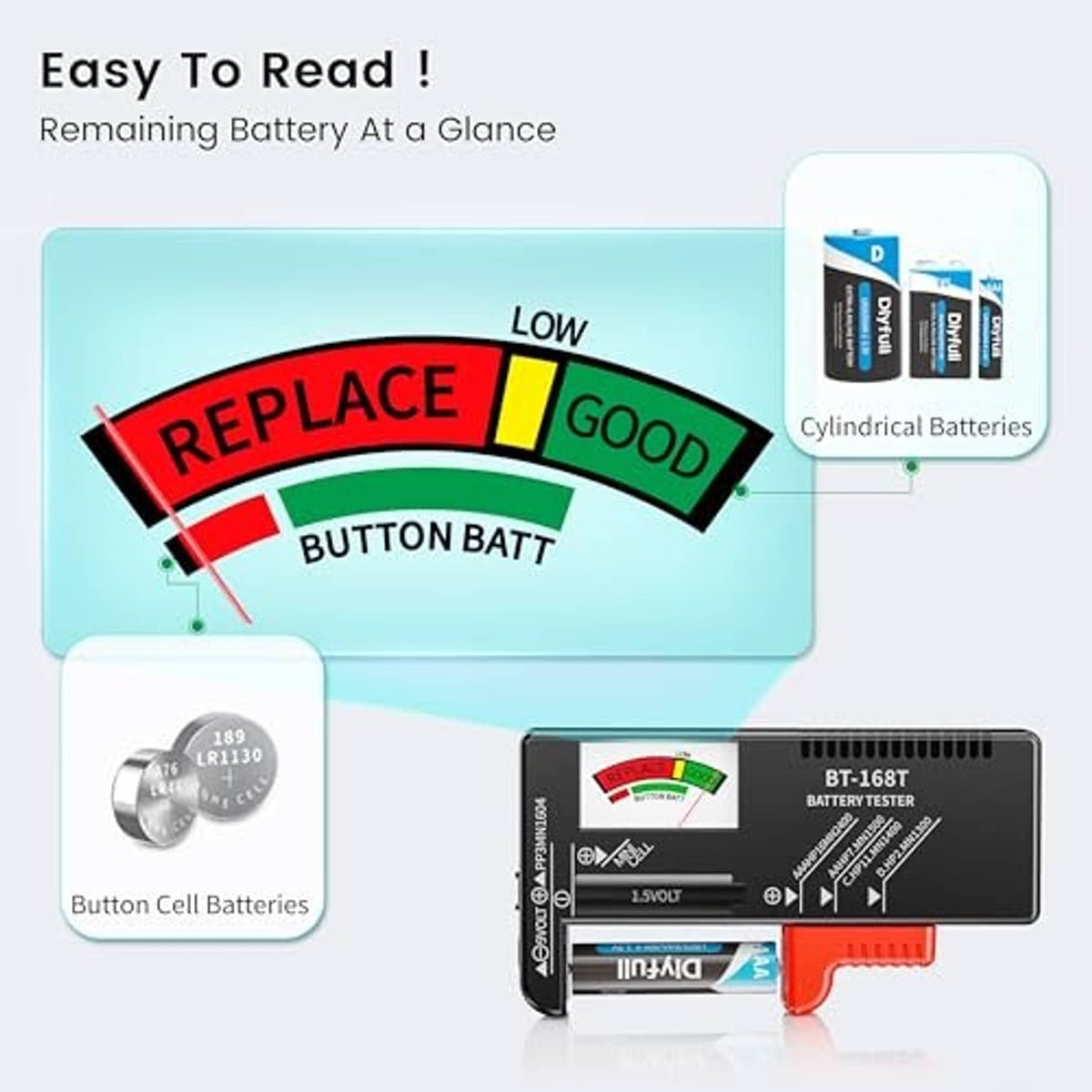 Black battery tester with red grip and replace/good color-coded indicator.