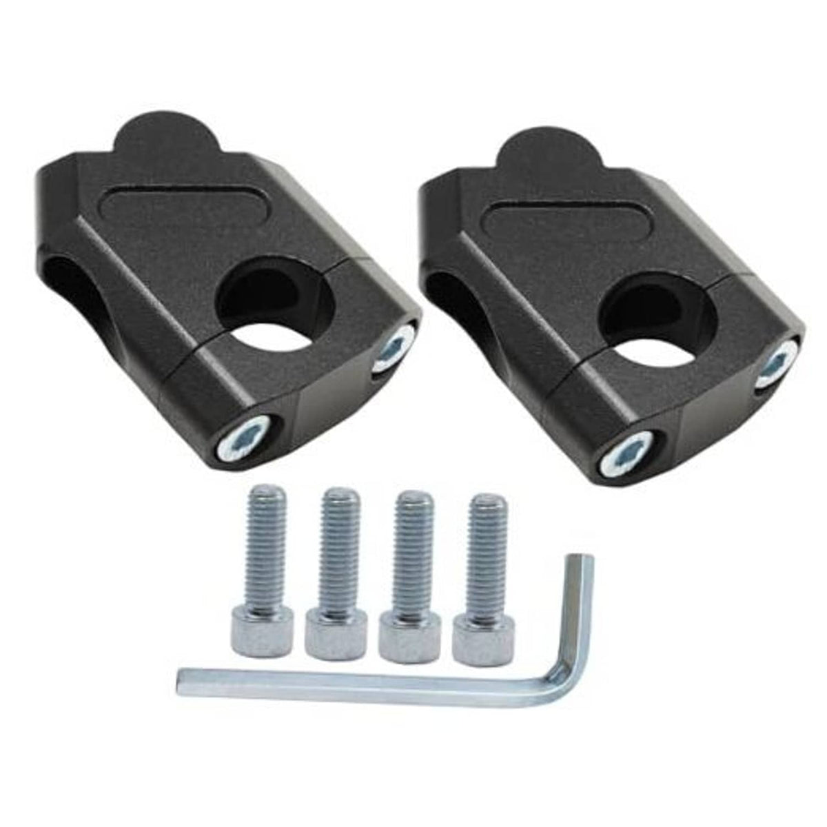 Black handlebar riser clamps with screws and L-shaped hex key for mounting