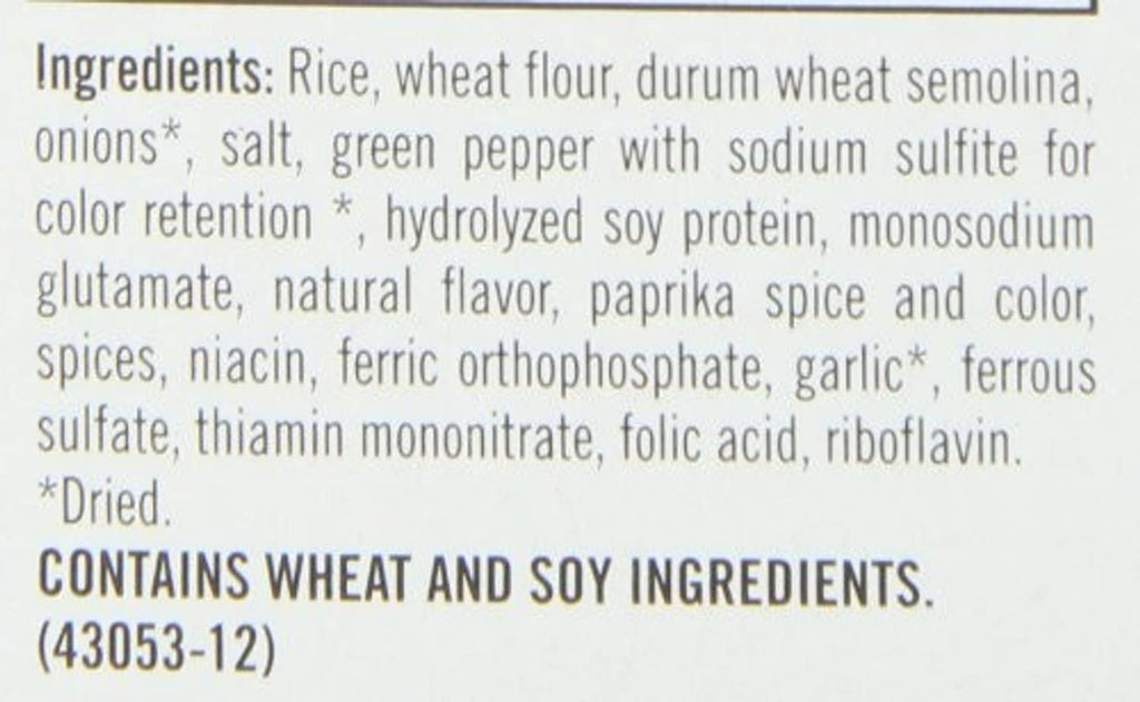 Rice-a-roni Spanish rice ingredients list text on the box