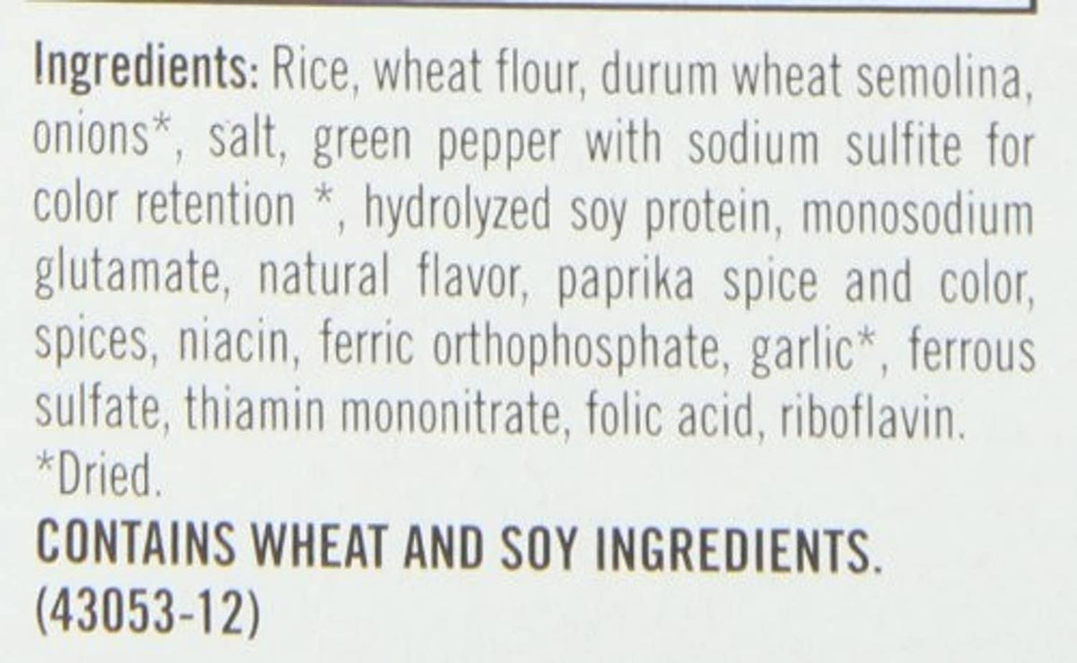 Rice-a-roni Spanish rice ingredients list text on the box