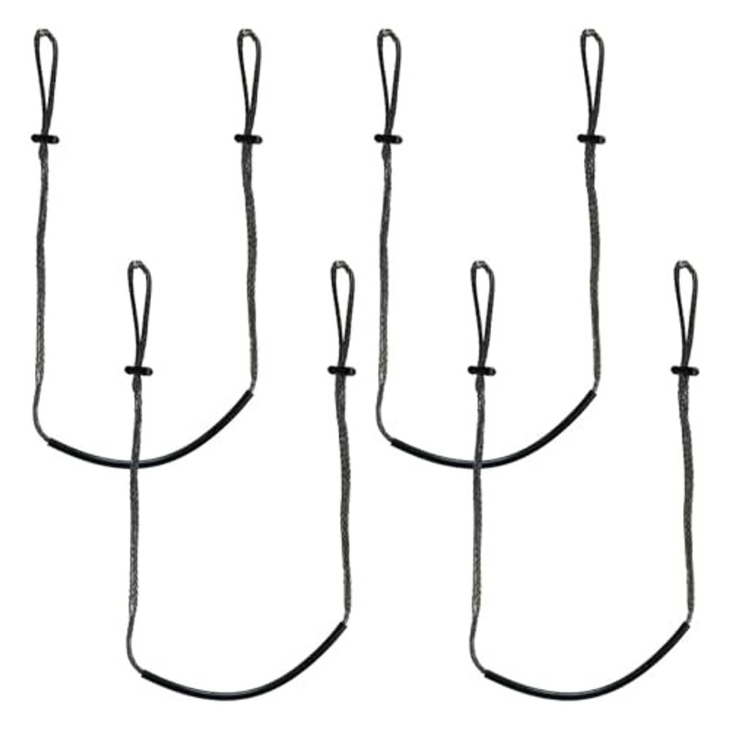 Four dark rope climbing stick step aiders with curved foot bar and top loops