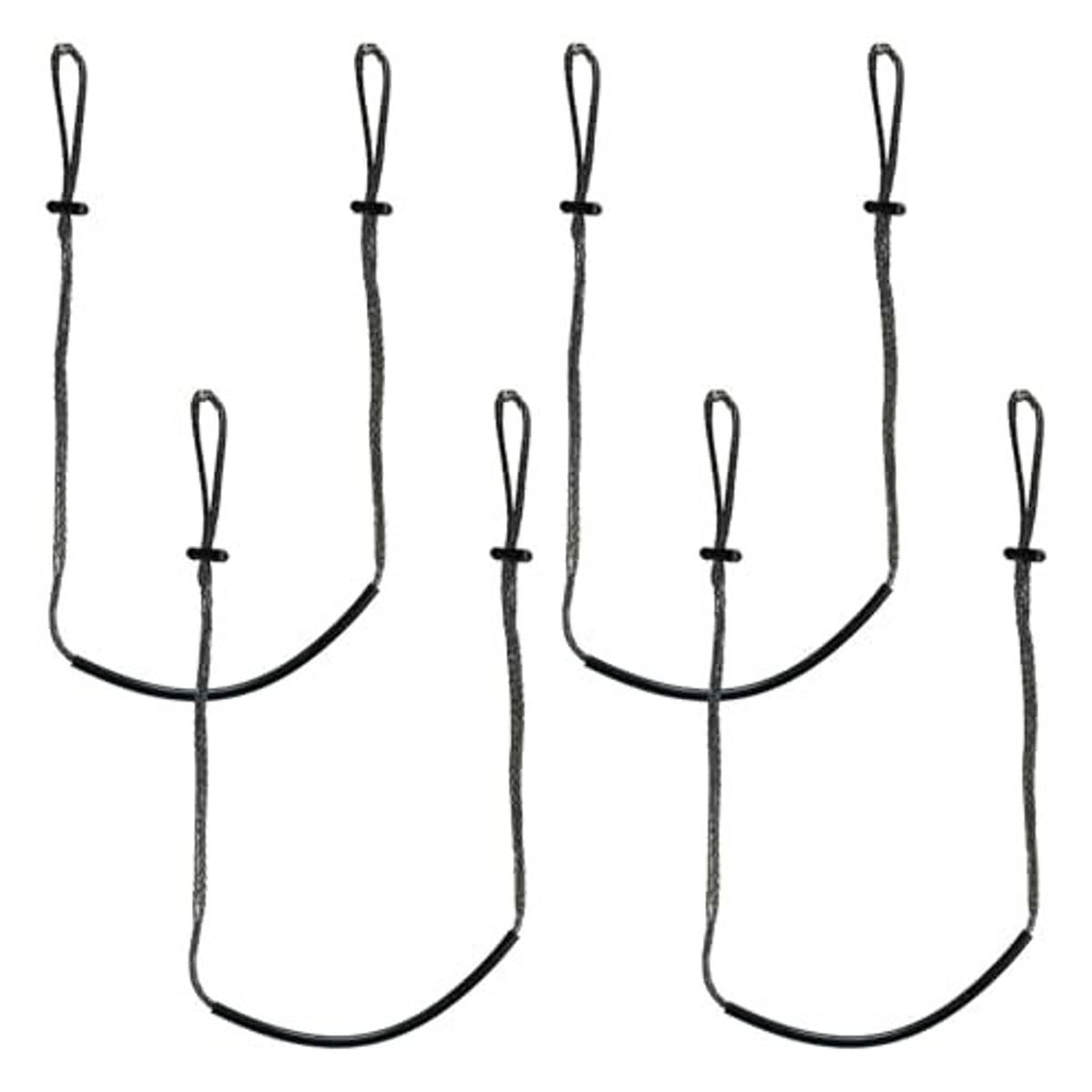 Four dark rope climbing stick step aiders with curved foot bar and top loops