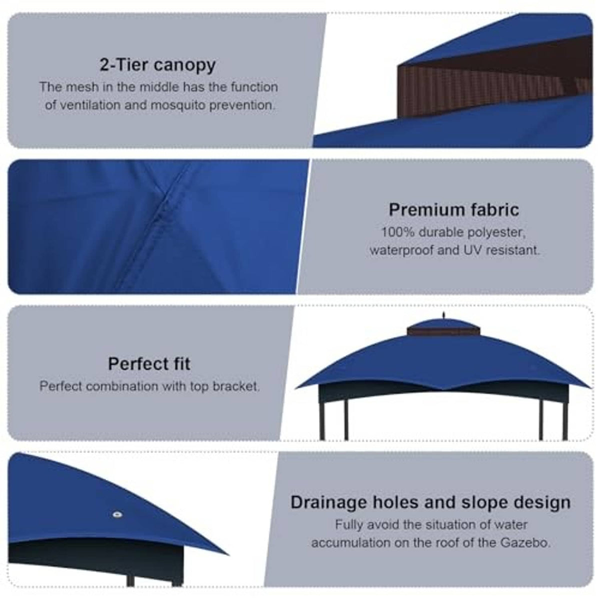 Blue gazebo canopy top cover with brown trim, durable polyester fabric, drainage holes