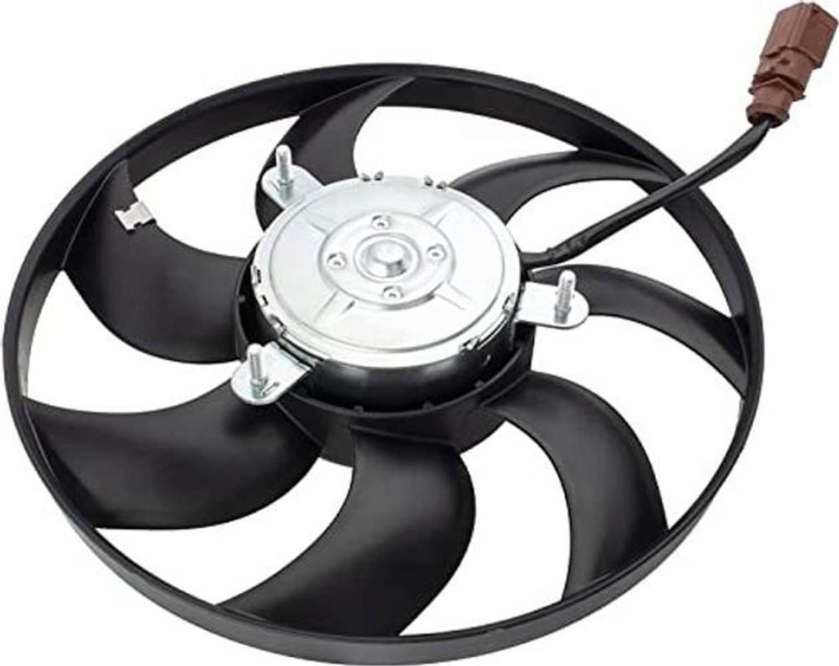 Black radiator cooling fan assembly with silver center motor plate and brown wiring harness