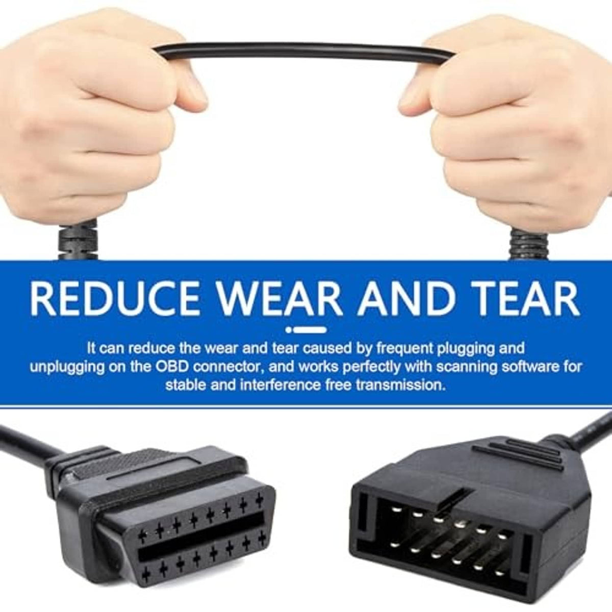 OBD1 to OBD2 adapter cable with two black connector ends and flexible lead