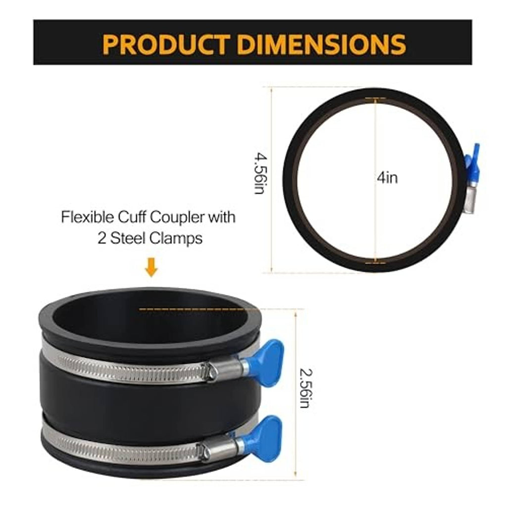 4-inch black flex cuff coupler with two stainless band clamps and blue levers