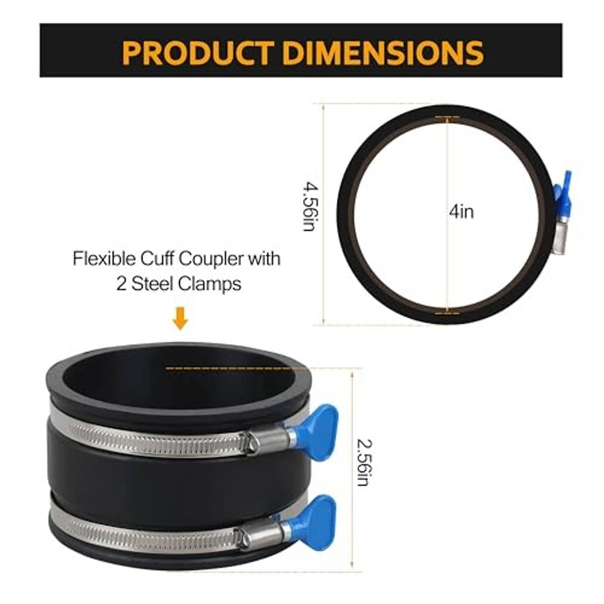 4-inch black flex cuff coupler with two stainless band clamps and blue levers