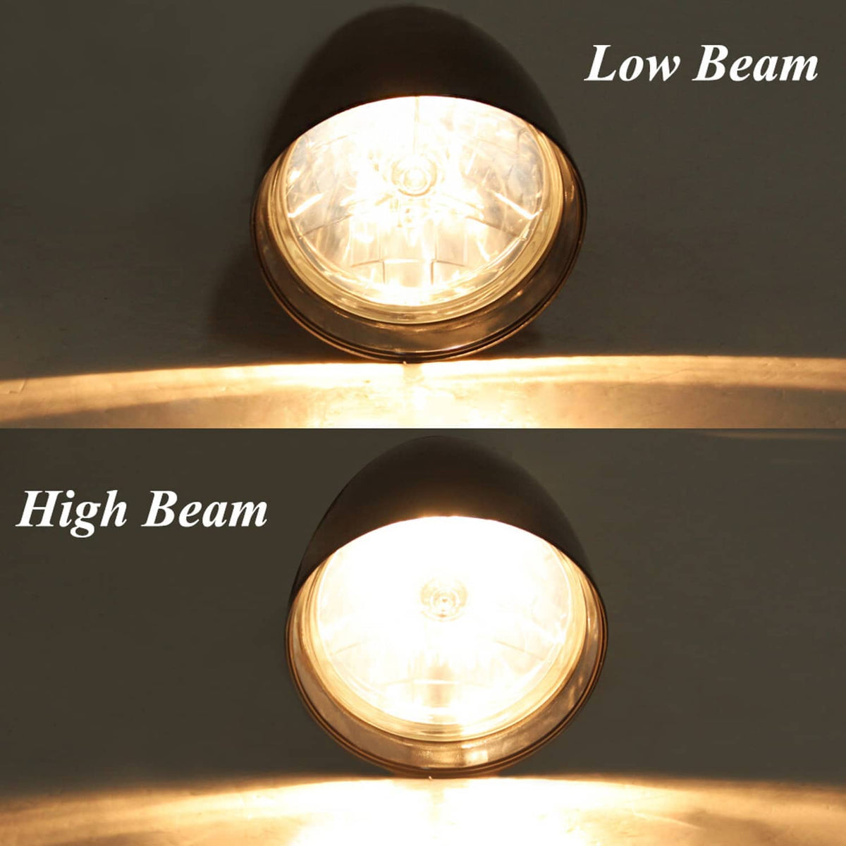 Bullet headlight illuminated in two brightness settings, chrome bezel and clear lens
