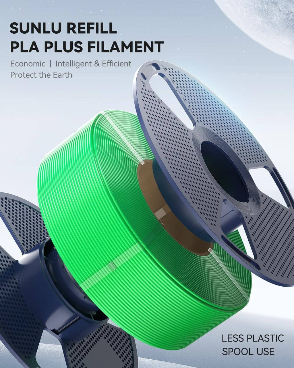Green PLA+ filament on perforated gray reusable spool