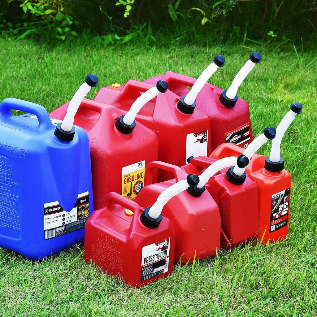 Gas can spout replacement nozzles on multiple fuel cans, showing white extended spouts