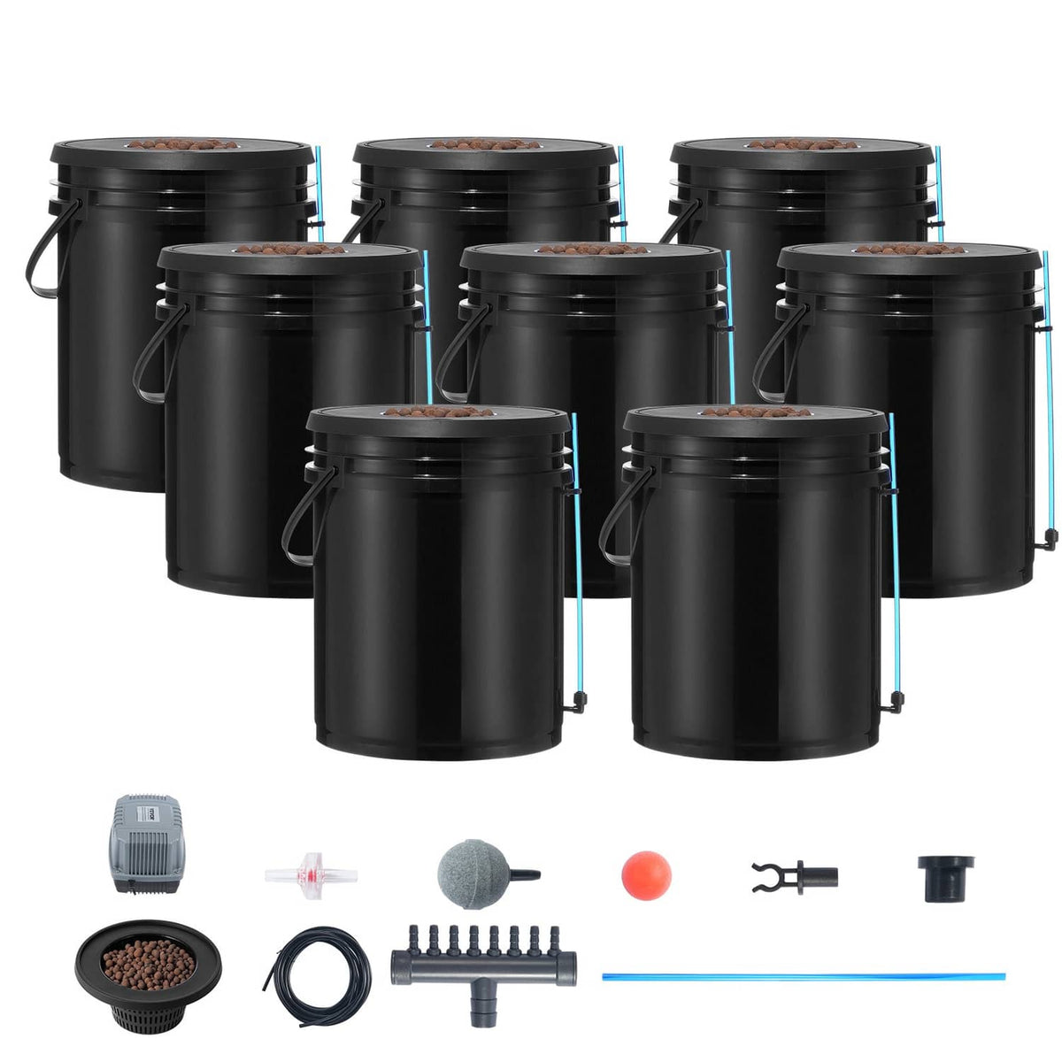 Multiple black hydroponic DWC buckets with air pump, air stones, and tubing