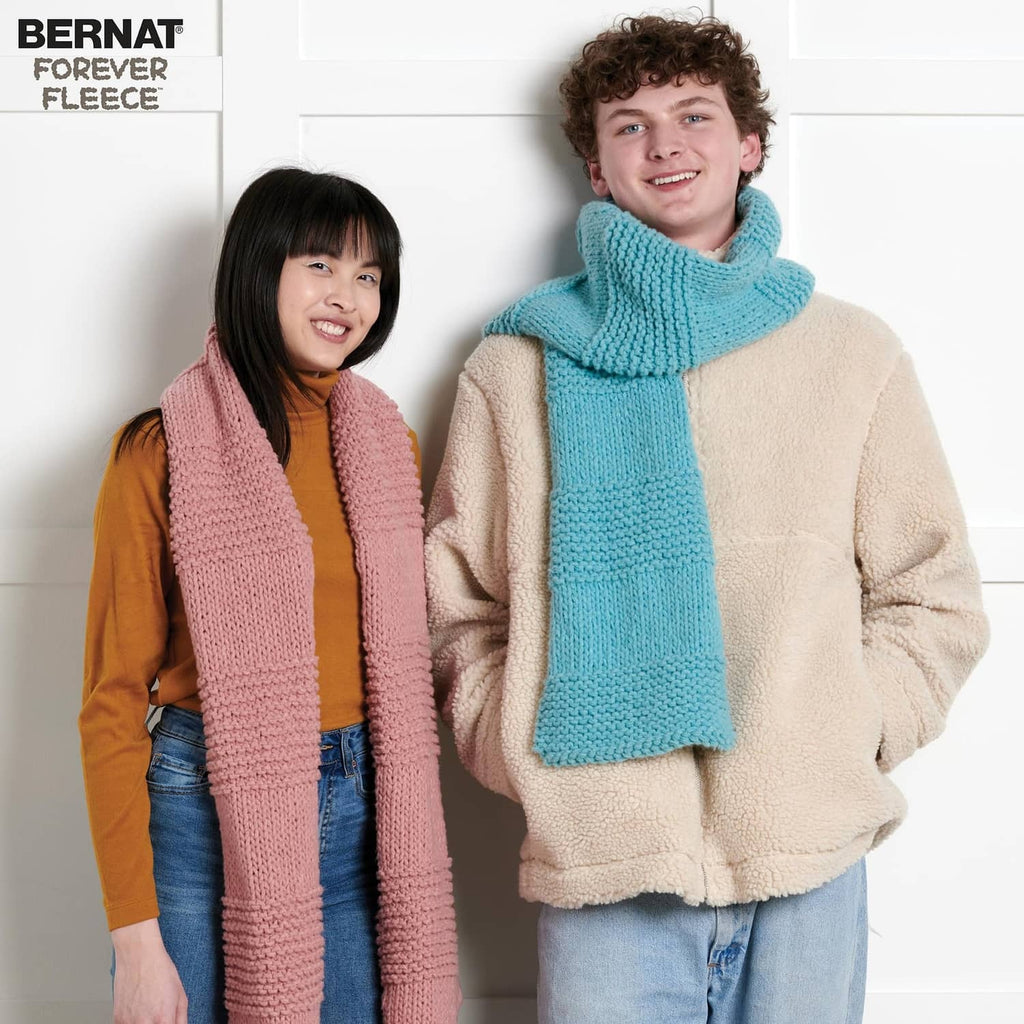 Chunky knit cowl scarves made from super bulky Bernat Forever Fleece yarn, blue and pink