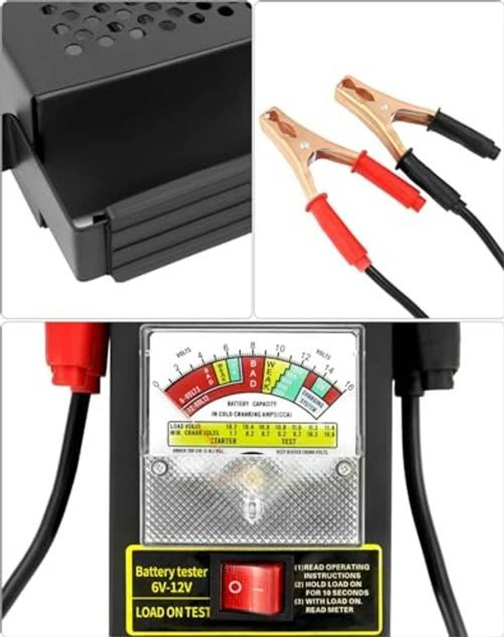 Battery load tester control panel with illuminated color scale and load test switch