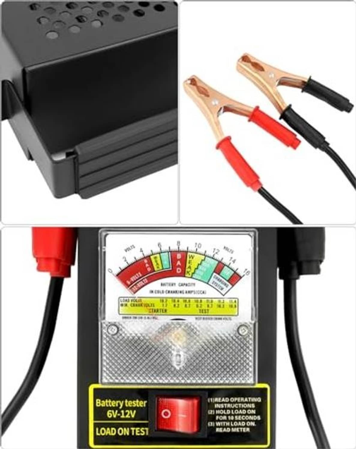 Battery load tester control panel with illuminated color scale and load test switch