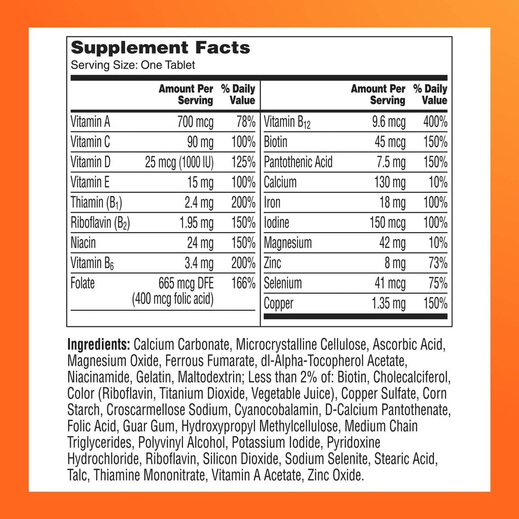 Supplement Facts nutrition label showing vitamins, minerals, and serving size
