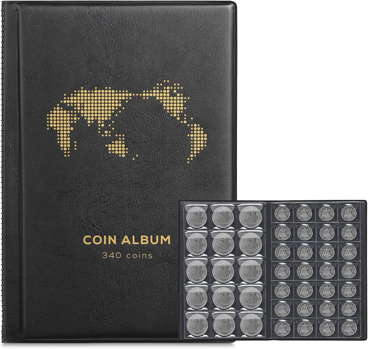 Black coin album binder with 'COIN ALBUM 340 coins' text and open pocket pages