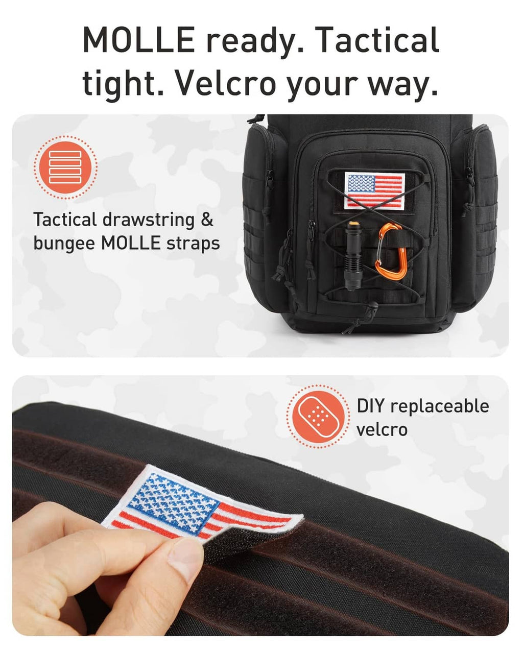 Black tactical cooler backpack with MOLLE webbing, front Velcro patch, and bungee straps